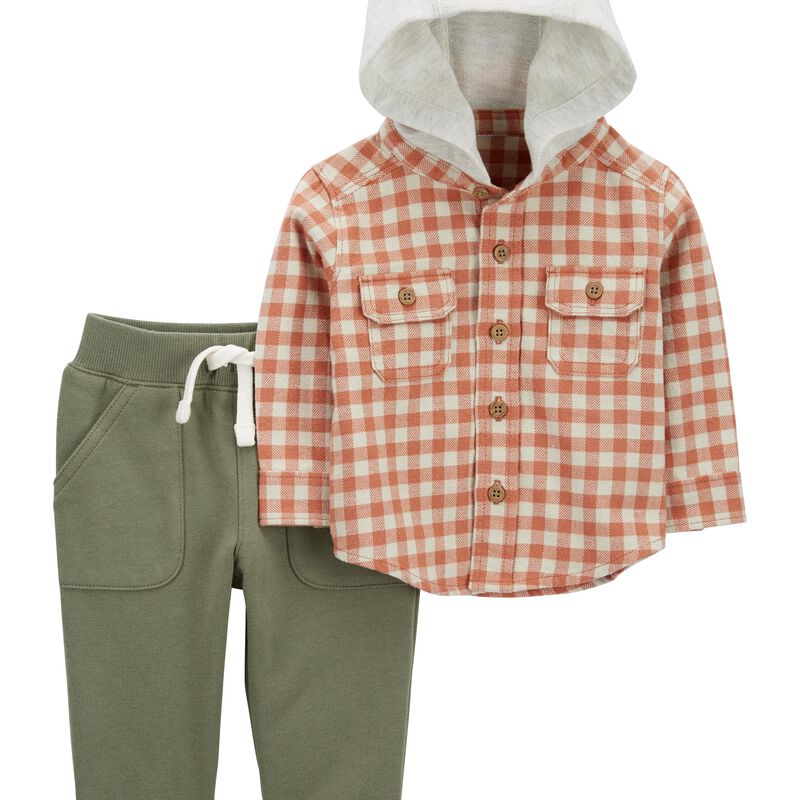 Multi Baby 2-Piece Plaid Hooded Shirt & Fleece Pant Set | carters.com