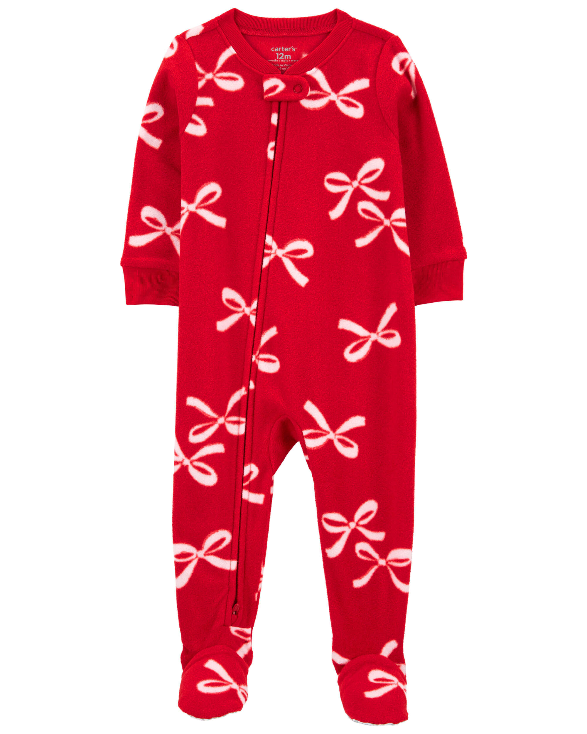 Toddler 1-Piece Christmas Bow Fleece Footie Pajamas