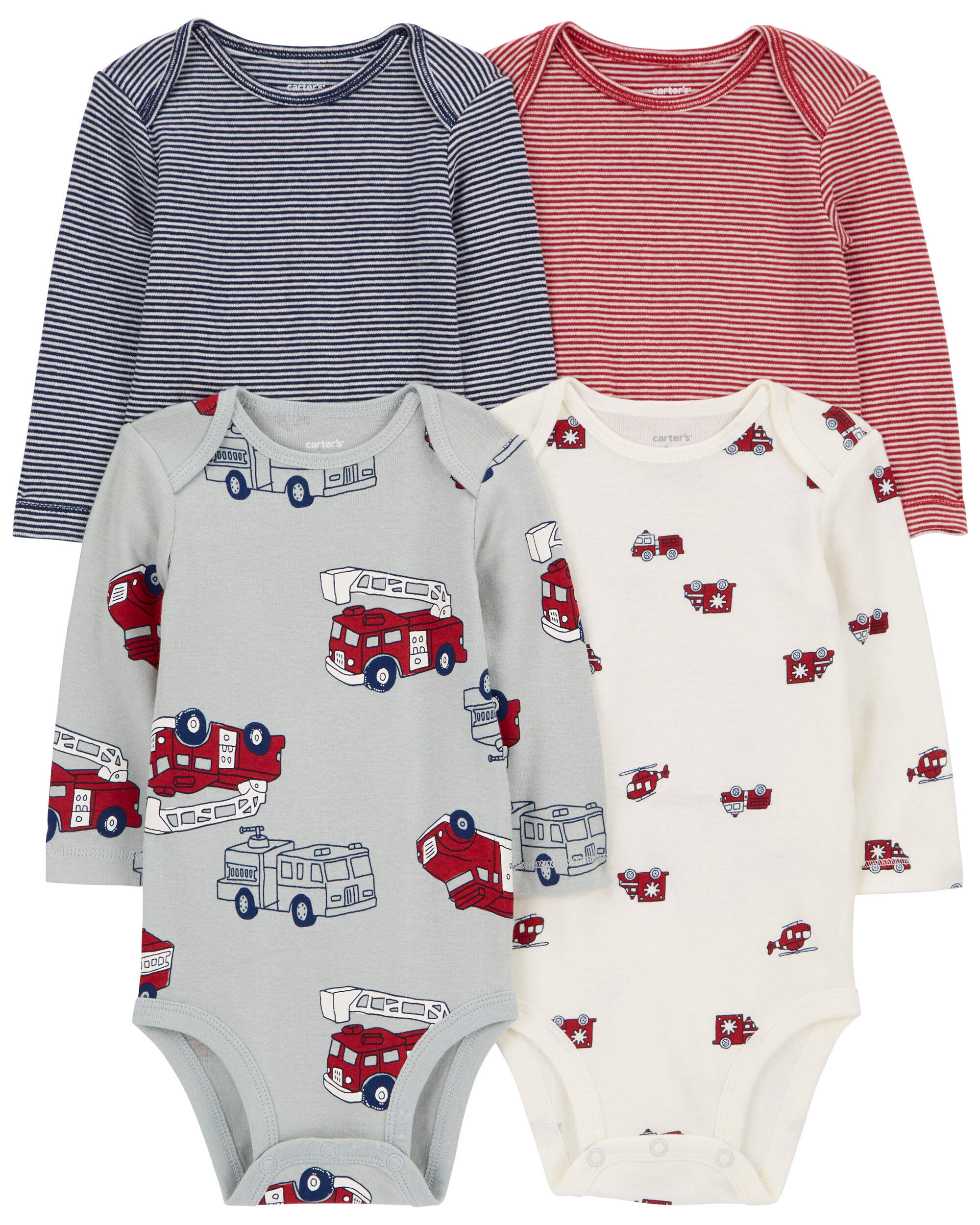 Baby 4-Pack Long-Sleeve Firetruck Bodysuits