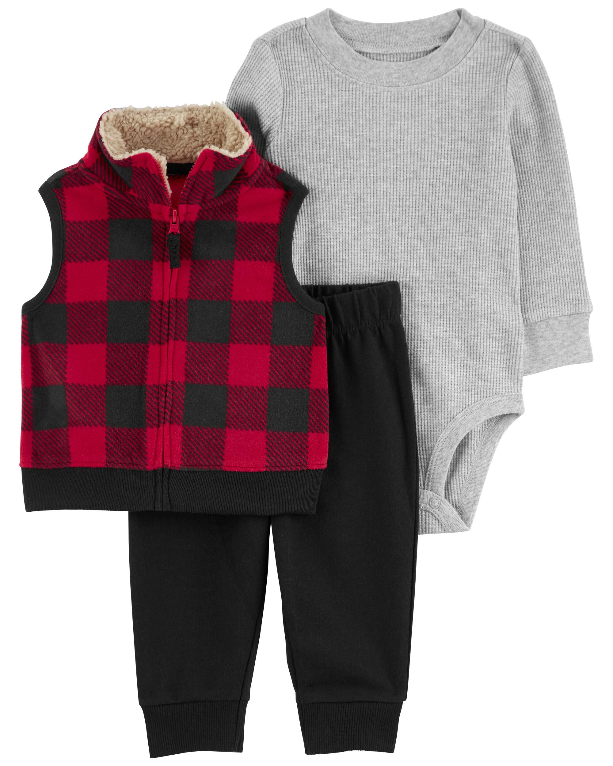 Baby 3-Piece Buffalo Check Fleece Little Vest Set