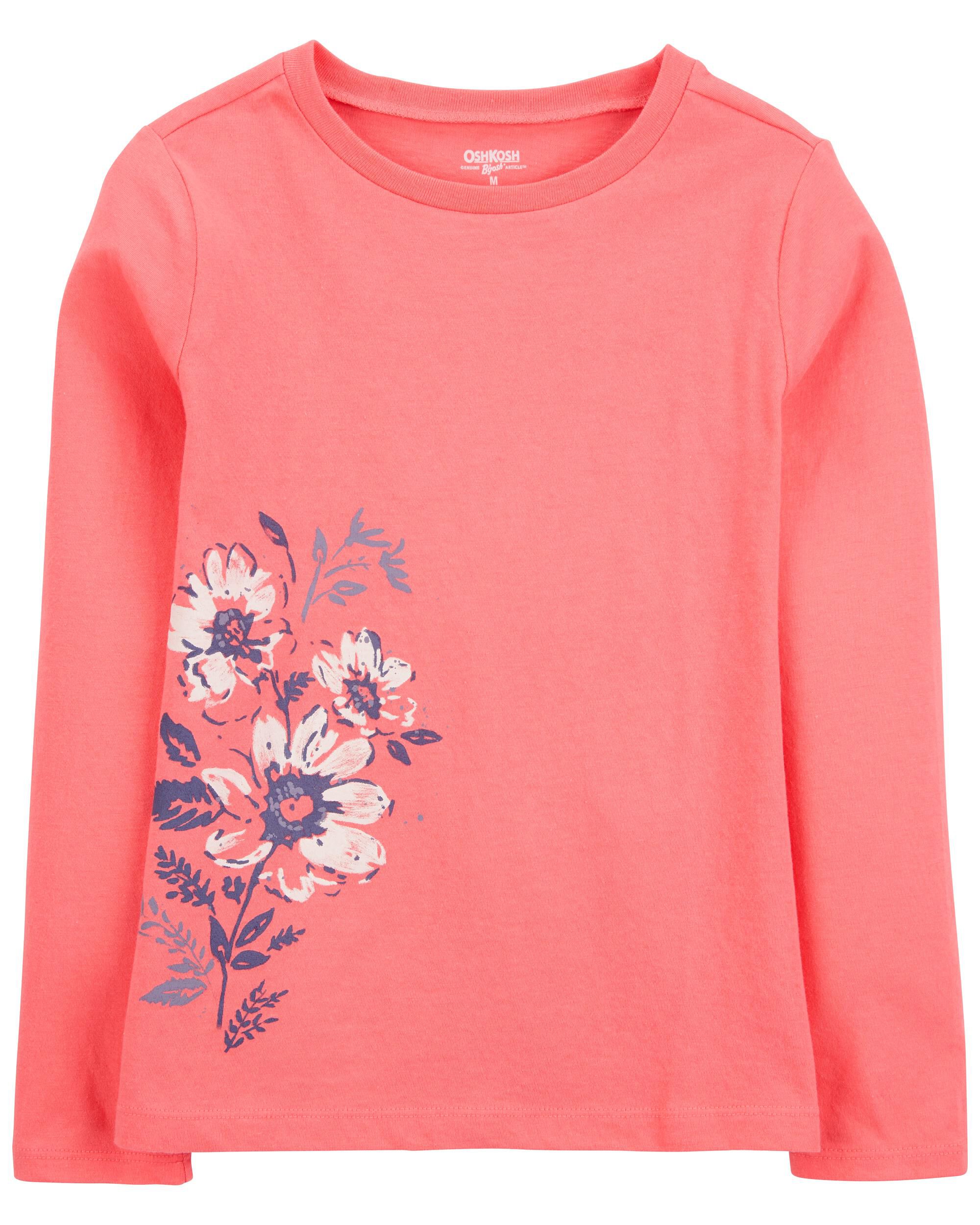 Kid Flower-Print Long-Sleeve Graphic Tee - Orange