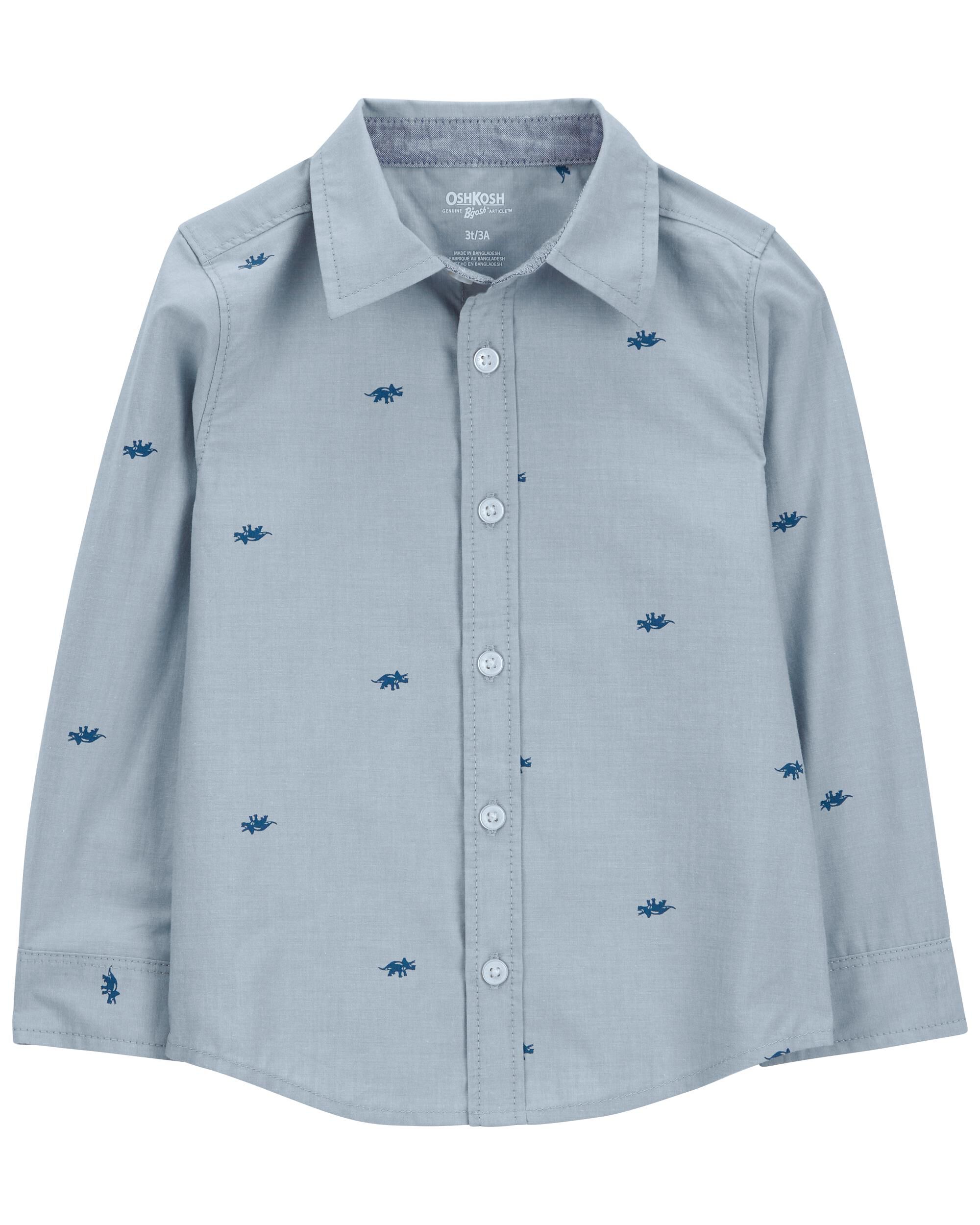 Baby Dinosaur Print Long-Sleeve Button-Down Shirt - Blue