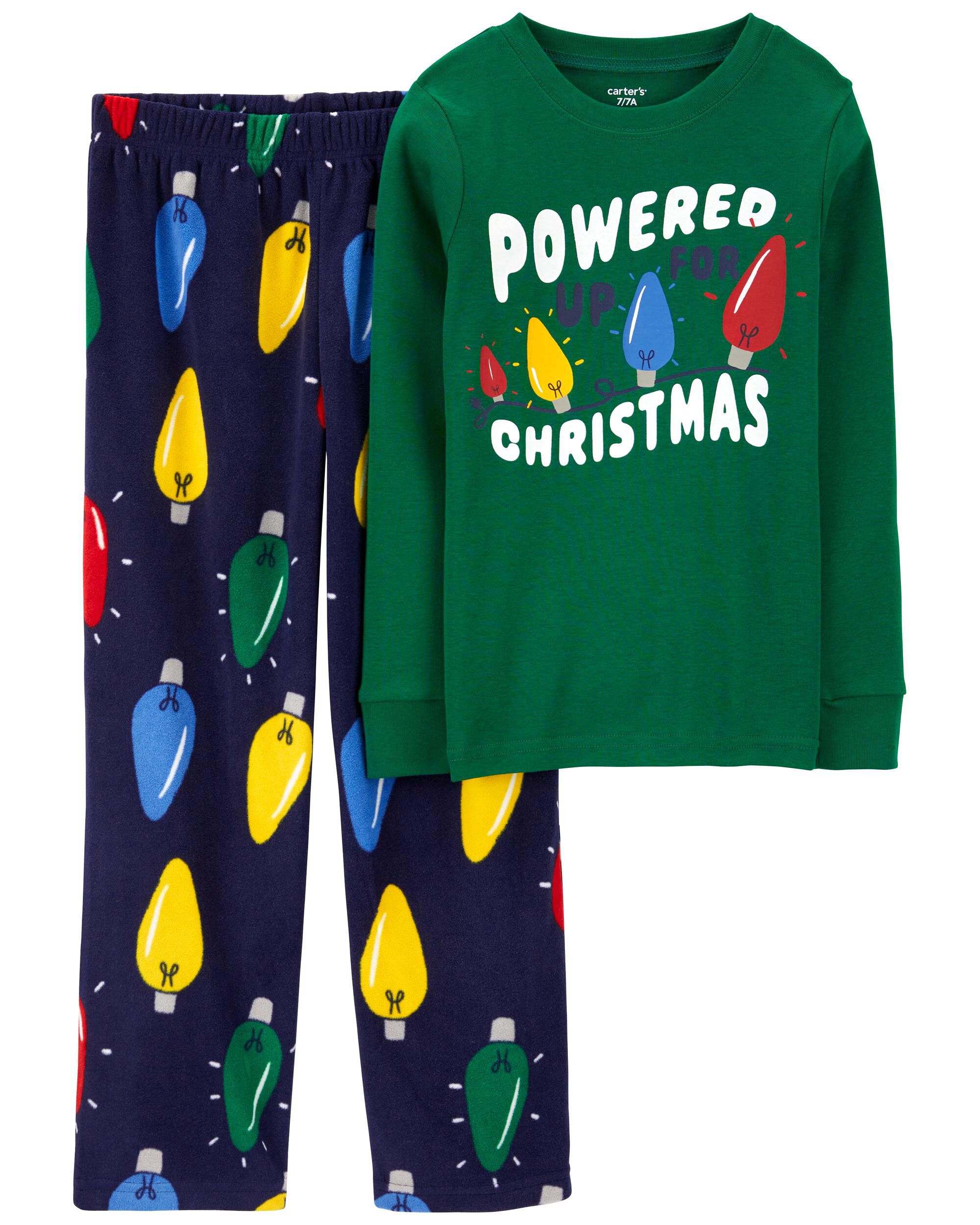 Kid 2-Piece Christmas Lights Cotton & Velboa Pajamas