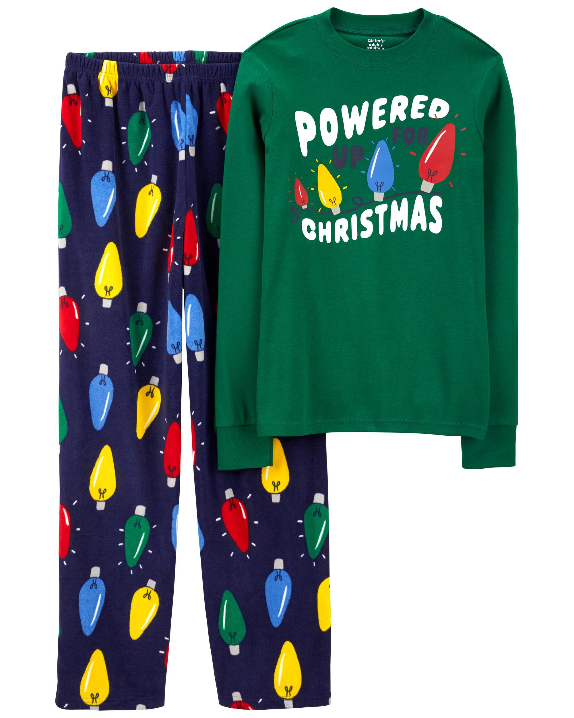 Adult 2-Piece Christmas Lights Cotton & Velboa Pajamas